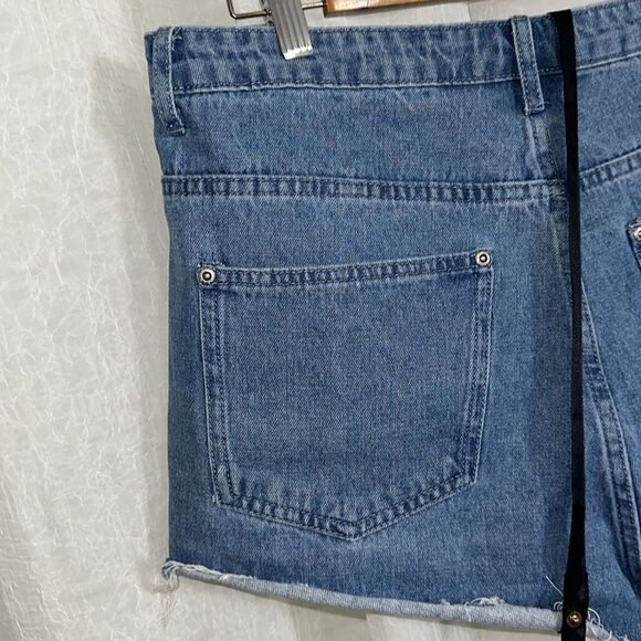 PLT x KARL KANI US12 Medium Vintage Wash Denim Cut Off Raw Fringe Hem Shorts - Picture 6 of 9